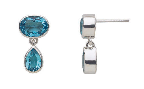 Sterling silver drop earrings with oval and pear Swiss blue topaz