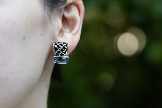 Sterling silver box and cushion earrings with sky blue topaz