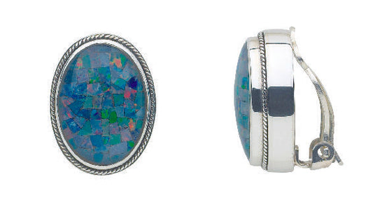Sterling silver oval clip earrings with domed mosaic opal