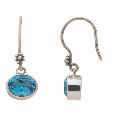 Sterling silver wire earrings with oval Swiss blue topaz
