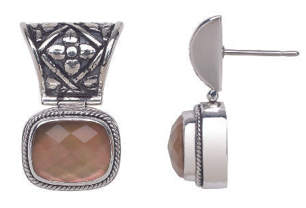 Sterling silver drop earrings with cushion-cut mocha pearl doublets and repoussé top.