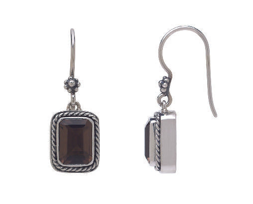 Sterling silver rectangle earrings with faceted smoky quartz and twisted wire detail.