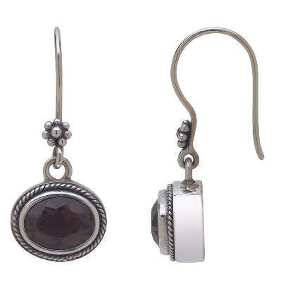 Sterling silver oval drop earrings with faceted smoky quartz stones on ear wires
