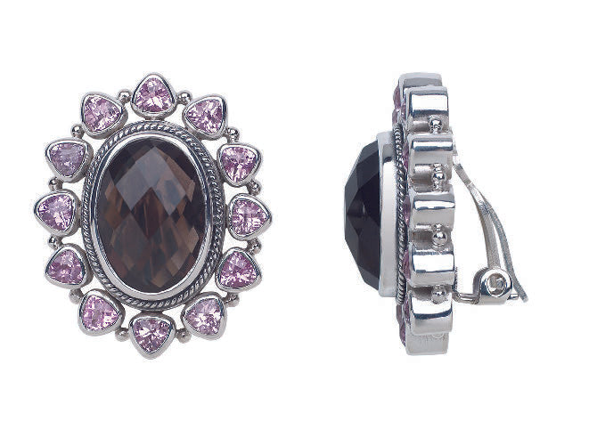 Sterling silver floral clip earrings with smoky quartz center and pink sapphire accents
