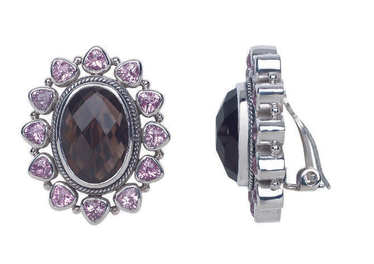 Sterling silver floral clip earrings with smoky quartz center and pink sapphire accents