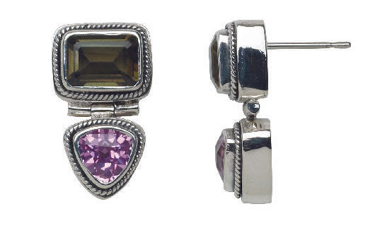 Sterling silver double drop earrings with smoky quartz and pink sapphire stones