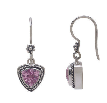 Trillion-cut pink sapphire drop earrings set in polished sterling silver