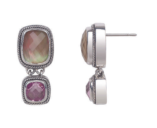 Sterling silver double drop earrings with mocha pearl and pink sapphire stones.