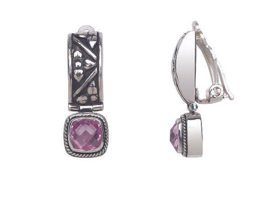 Sterling silver clip drop earrings with pink sapphire cushion stones and box-style tops.