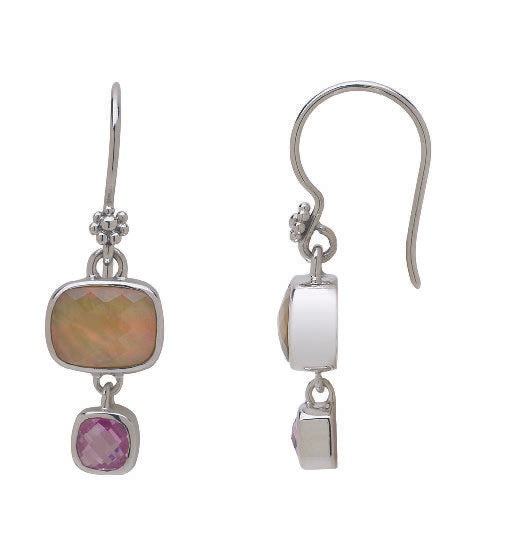 Sterling silver double drop earrings with mocha pearl and pink sapphire cushion stones on ear wires