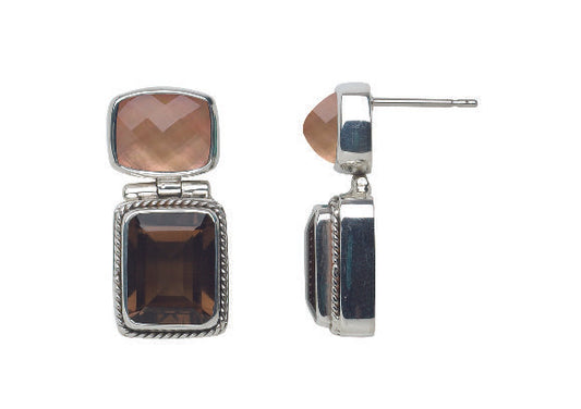 Sterling silver double drop earrings with smoky quartz and mocha pearl stones on posts