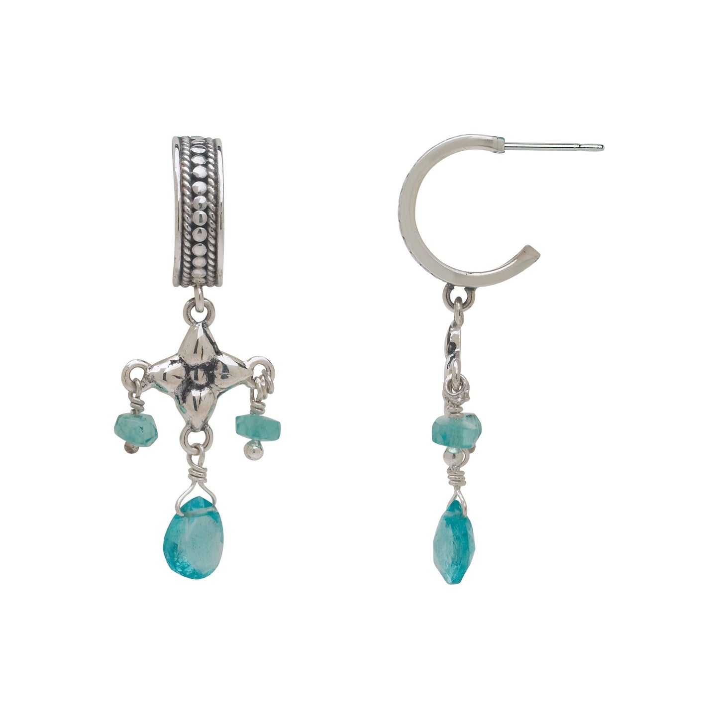 Sterling silver hoop earrings with repoussé flower and apatite briolette drops, Lori Bonn Peacock Collection 2005 Archive.