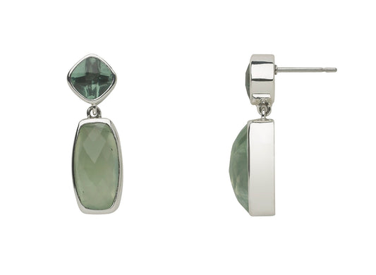Sterling silver earrings with a green spinel square above a prehnite rectangle drop.
