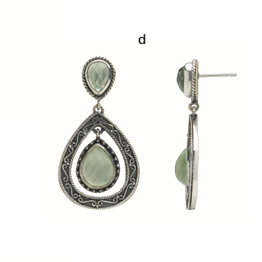 Sterling silver earrings with stacked pear-shaped prehnite stones framed in filigree.