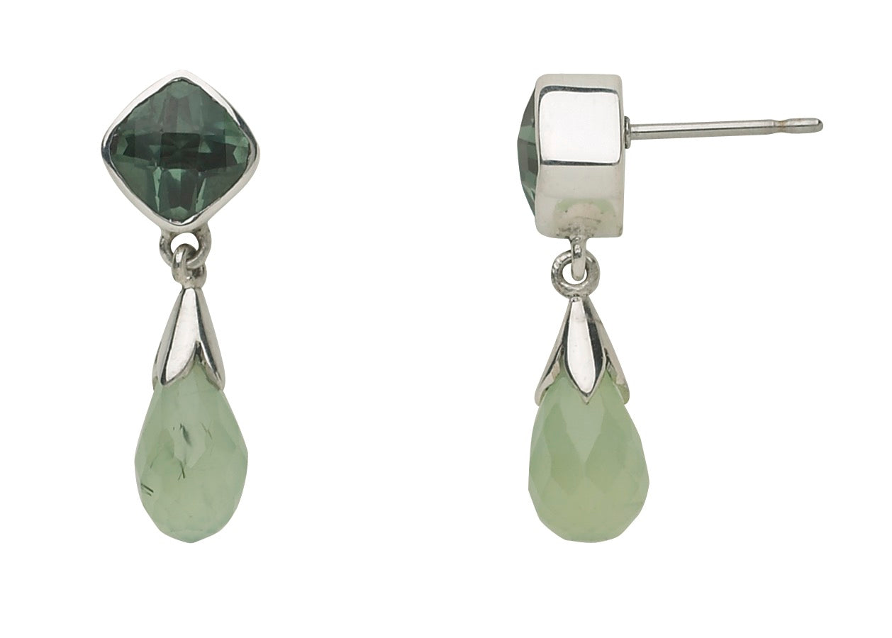 Sterling silver earrings with a green spinel cushion above a faceted prehnite briolette drop.