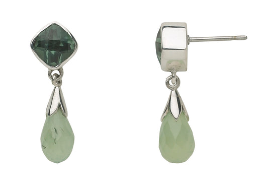 Sterling silver earrings with a green spinel cushion above a faceted prehnite briolette drop.