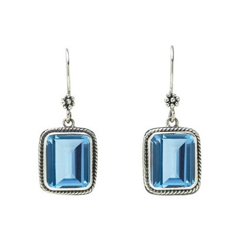 Sterling silver drop earrings with emerald-cut blue spinel in twisted rope frames and granulation flower detail, Lori Bonn Cielo Collection 2008 Archive.