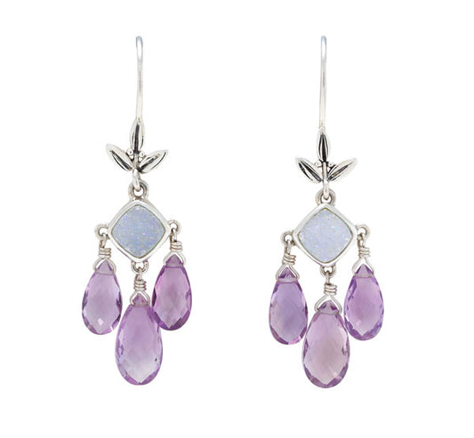 Sterling-silver leaf chandelier earrings with white-rainbow drusy cushions and faceted pink-amethyst briolettes – Lori Bonn Wisteria 2008
