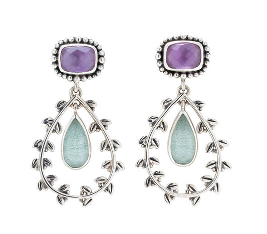 Post earrings with Amethyst Doublet cushion and Aspen Wood Quartz pear drop (Wisteria 2008).