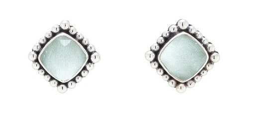 Square Aspen Wood Quartz stud earrings in beaded sterling frame (Wisteria 2008)