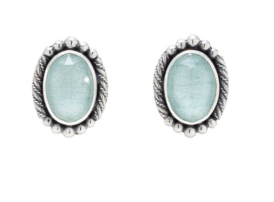 Oval Aspen Wood Quartz cabochon stud earrings with rope and bead detail (Wisteria 2008).