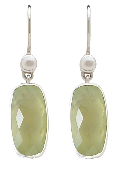 Wire earrings with faceted Prehnite rectangles and pearl tops (Wisteria 2008).

