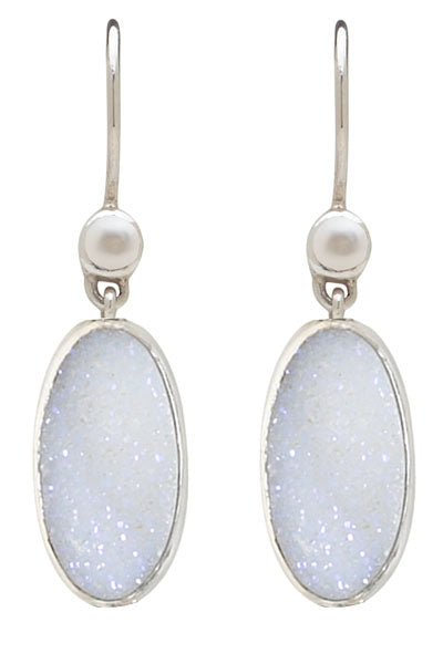 Oval White Rainbow Drusy drop earrings with freshwater-pearl tops (Wisteria 2008).