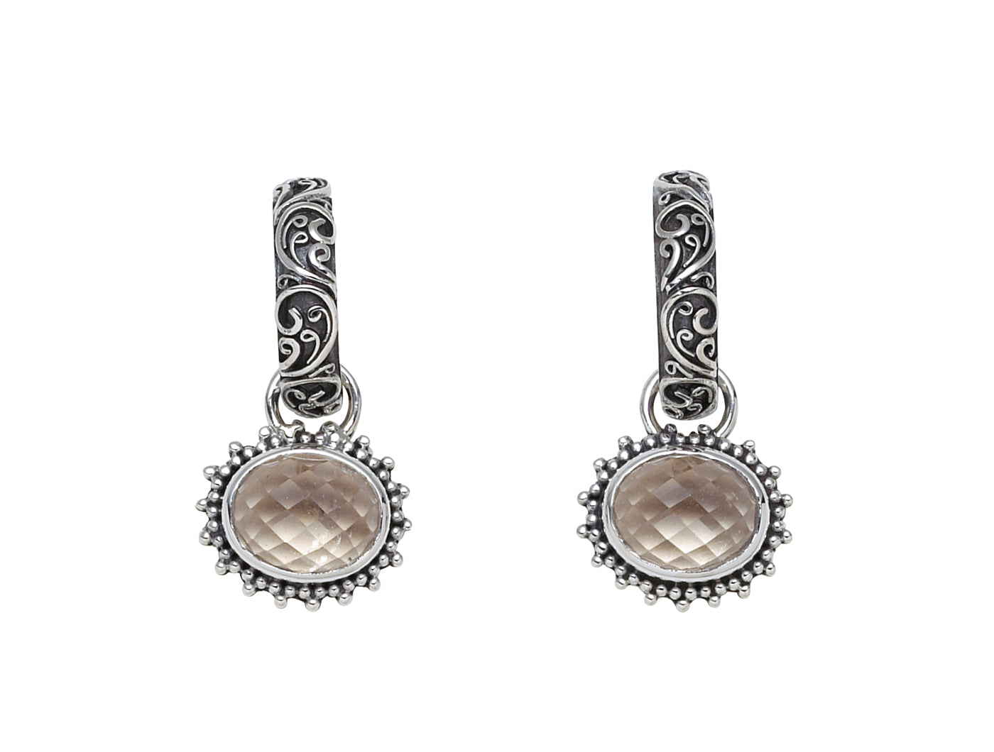 Sterling-silver filigree hoop earrings with smoky-quartz charm drops, Chrysalis 2008