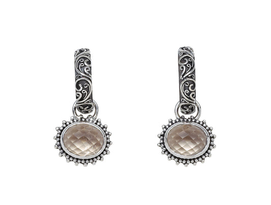 Sterling-silver filigree hoop earrings with smoky-quartz charm drops, Chrysalis 2008