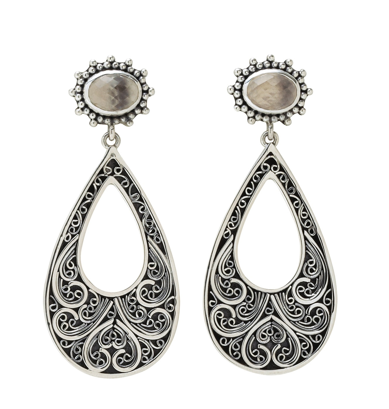 Open-filigree sterling-silver earrings with smoky-quartz teardrops, rare Chrysalis 2008 design
