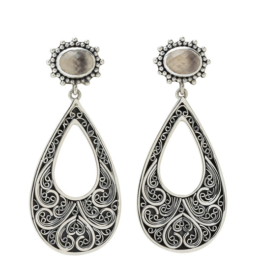 Open-filigree sterling-silver earrings with smoky-quartz teardrops, rare Chrysalis 2008 design
