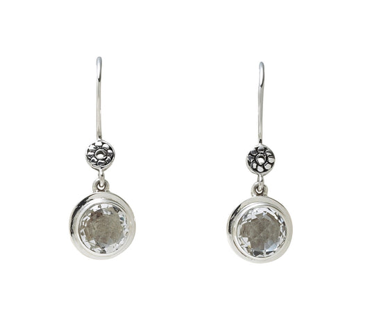Sterling-silver round drop earrings with white-quartz cabochons, Chrysalis 2008