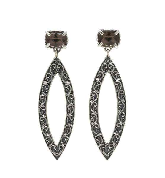 Pair of elongated open-marquise sterling-silver filigree earrings with smoky-quartz cushions, Lori Bonn Chrysalis 2008