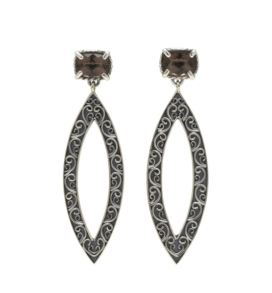 Pair of elongated open-marquise sterling-silver filigree earrings with smoky-quartz cushions, Lori Bonn Chrysalis 2008
