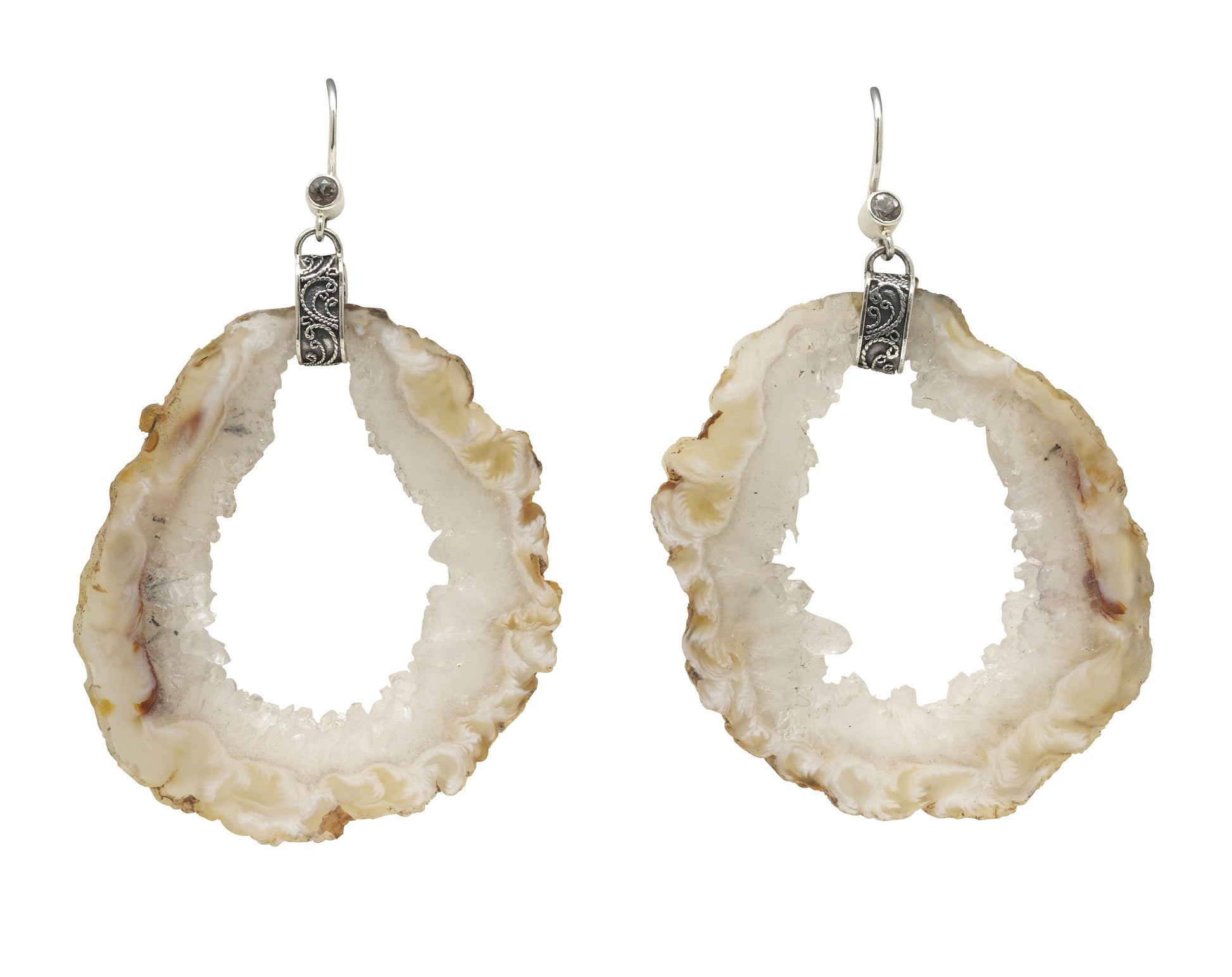 Pair of light-toned Oco-agate geode slice earrings with smoky-quartz accent and filigree silver caps from Lori Bonn’s 2008 Chrysalis Collection
