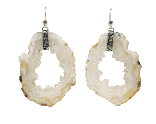 Pair of light-toned Oco-agate geode slice earrings with smoky-quartz accent and filigree silver caps from Lori Bonn’s 2008 Chrysalis Collection