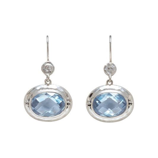 Sterling silver drop earrings with horizontal oval blue spinel and round white quartz in hand-hammered bezels, Lori Bonn Splash Collection 2009 Archive.
