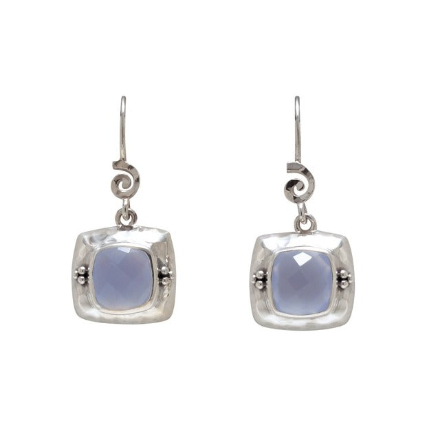 Sterling silver drop earrings with cushion chalcedony briolettes in hand-hammered frames with swirl detail, Lori Bonn Splash Collection 2009 Archive.