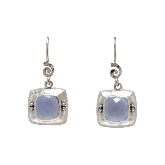 Sterling silver drop earrings with cushion chalcedony briolettes in hand-hammered frames with swirl detail, Lori Bonn Splash Collection 2009 Archive.