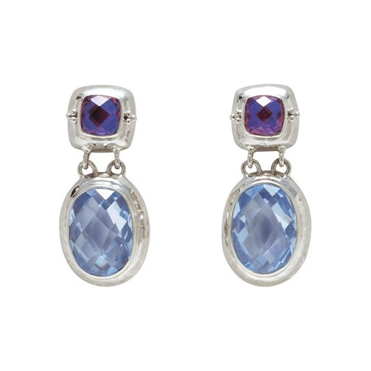 Sterling silver post earrings with rainbow lavender quartz cushions and large oval blue spinel briolette drops in hand-hammered bezels, Lori Bonn Splash Collection 2009 Archive.