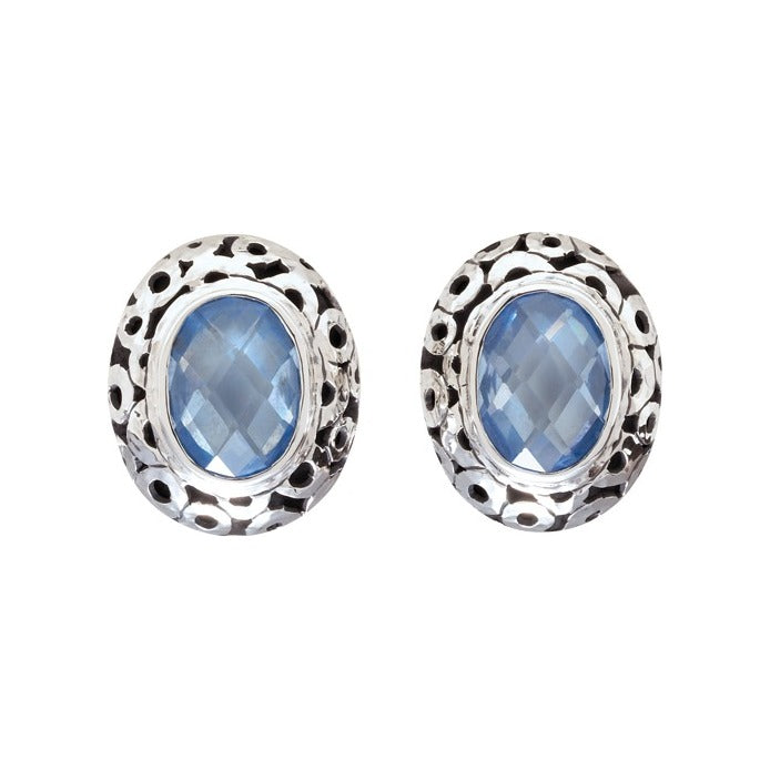 Sterling silver clip-on earrings with oval blue spinel in hand-hammered frames, Lori Bonn Splash Collection 2009 Archive.
