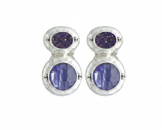 Sterling silver double drop clip earrings with oval blue drusy and round created blue sapphire in hand-hammered bezels, Windsor Collection 2009, Lori Bonn Archive.