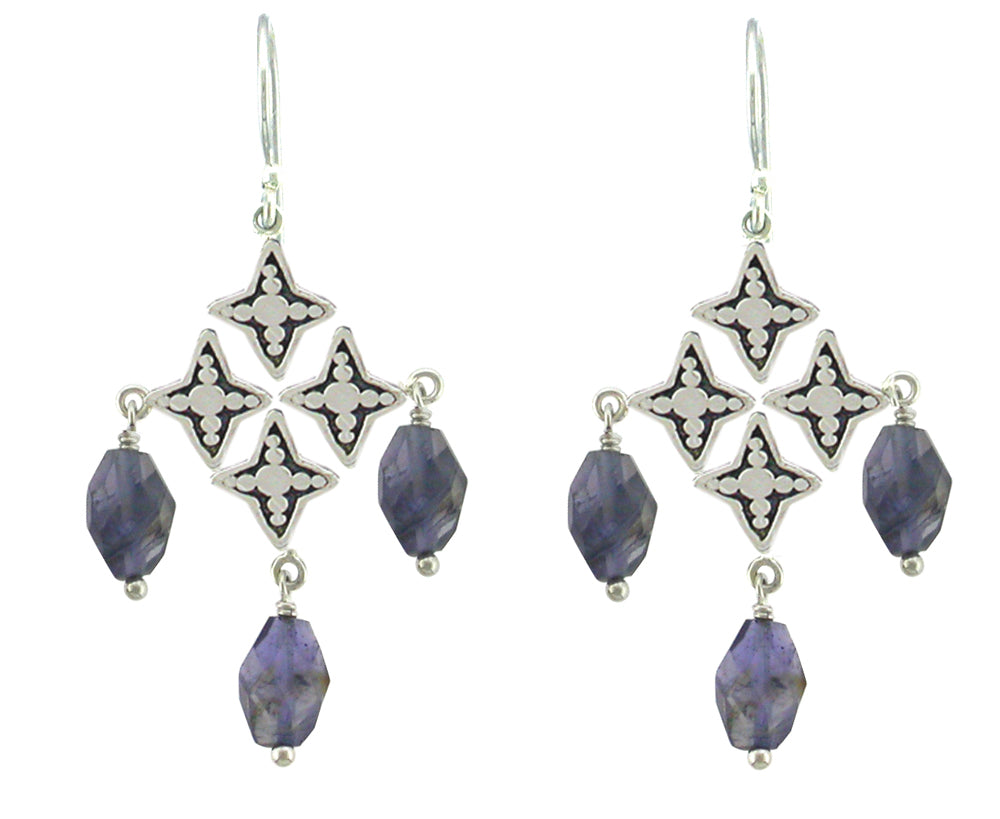 Sterling silver chandelier earrings with four linked star medallions and three faceted iolite nugget drops, Windsor Collection 2009, Lori Bonn Archive.
