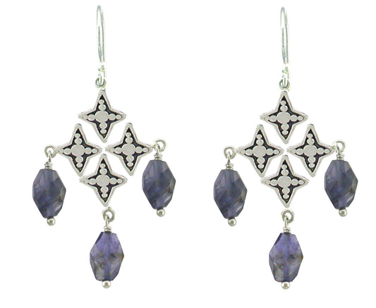 Sterling silver chandelier earrings with four linked star medallions and three faceted iolite nugget drops, Windsor Collection 2009, Lori Bonn Archive.