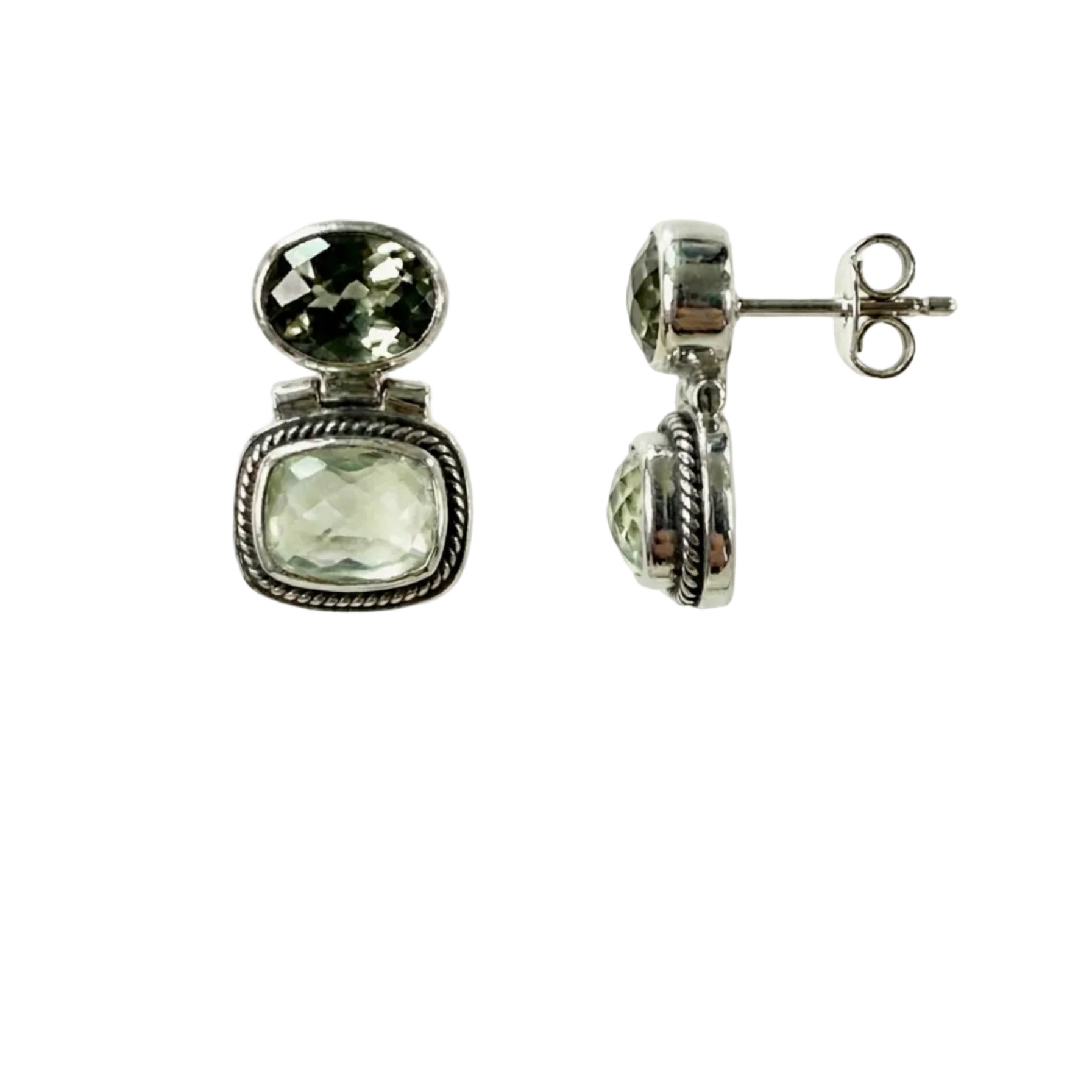 Sterling silver drop earrings with cushion-cut prehnite and green spinel accents from the Verde 2006 Collection.
