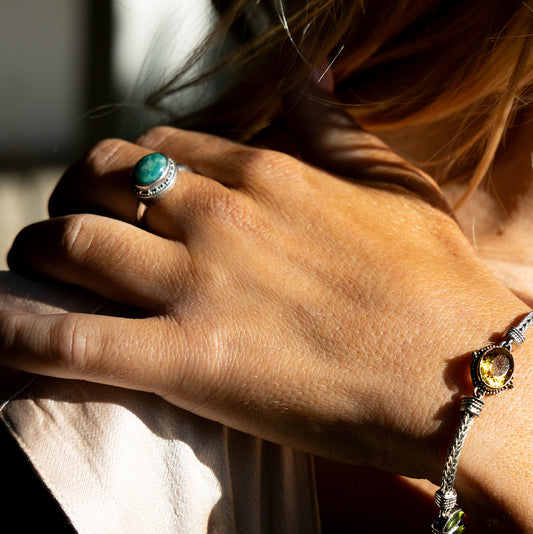 Sterling silver ring with oval amazonite cabochon and granulated bezel, handcrafted in Bali

