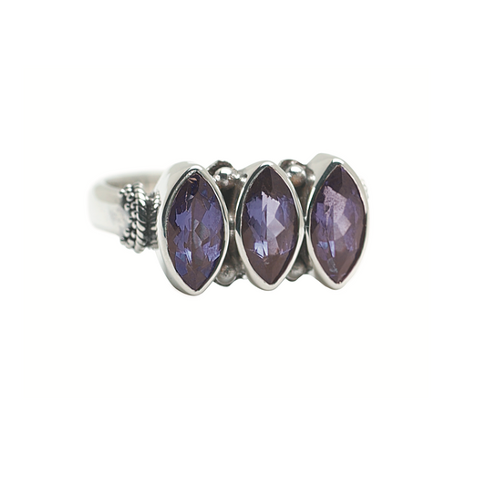Sterling silver triple marquis amethyst ring with twisted rope shank detail, Heirloom Collection 2002, Lori Bonn Archive.
