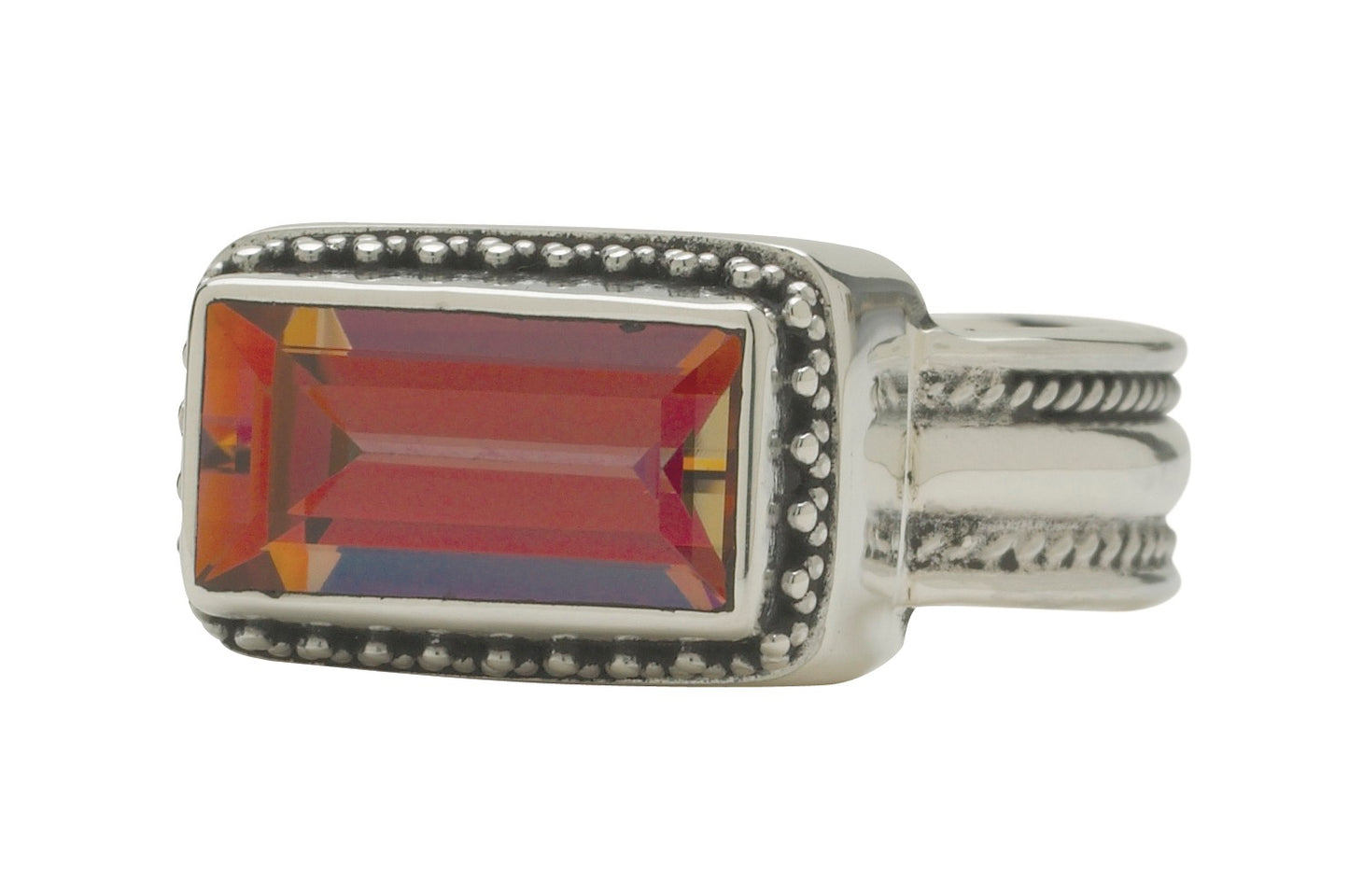 Sterling silver ring with emerald-cut deep twilight topaz and beaded detailing from the Sasha 2003 Archive, size 7.