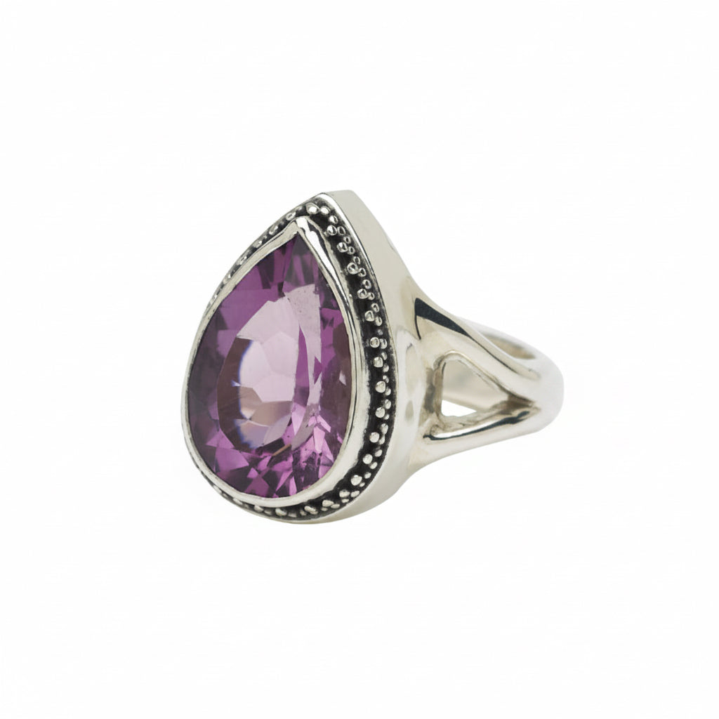 Sterling silver pear cocktail ring with faceted amethyst in granulated bezel and split shank, Parisian Muse Collection 2004, Lori Bonn Archive.