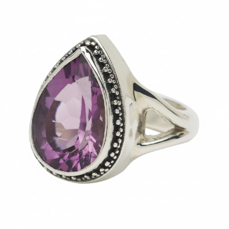 terling silver pear cocktail ring with faceted amethyst in granulated bezel and split shank, Parisian Muse Collection 2004, Lori Bonn Archive.
